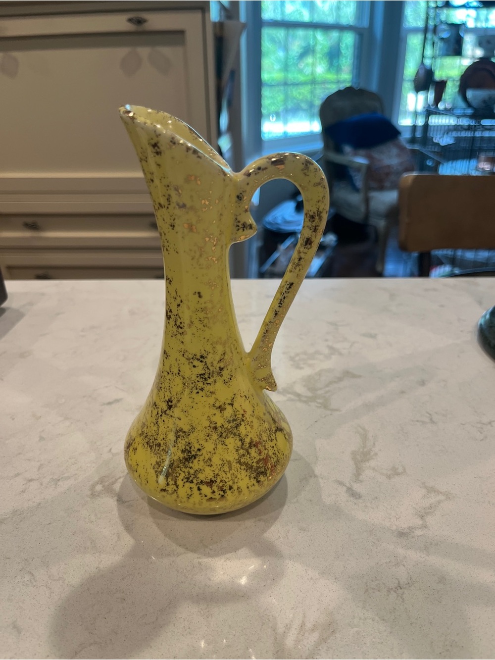 Vintage mid-century yellow & gold speckled ceramic ewer/ carafe.